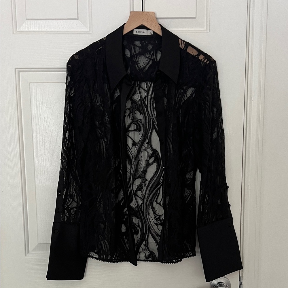 SIMKHAI lace black button down medium wide sleeves dramatic collar